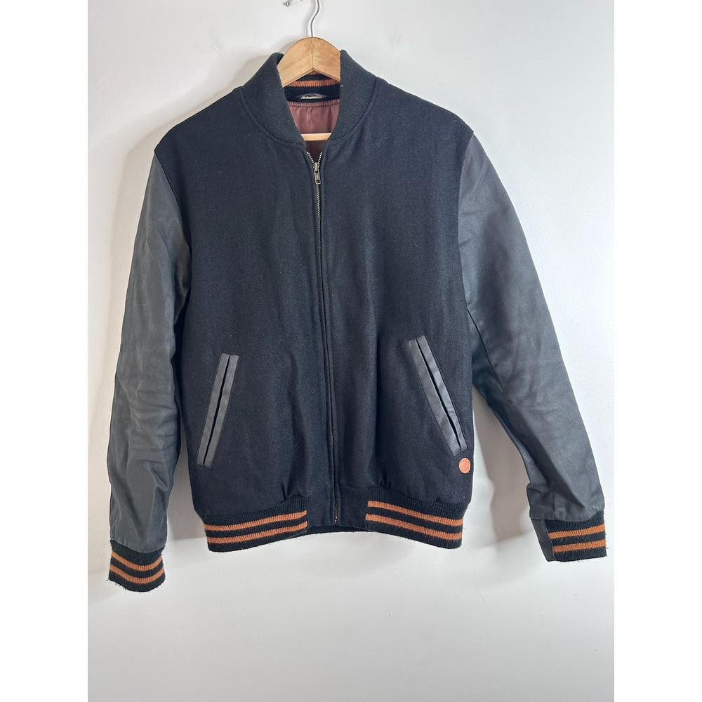 NEUW Traat Mens Wool Blend Varsity‎ Bomber Jacket Black Orange Trim Sz M